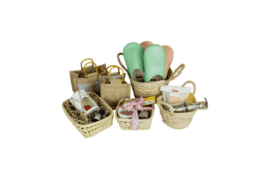 Four baskets filled with a variety of homeware artisan gifts.