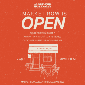 Graphic design with information about the Market Row incubator launch party.