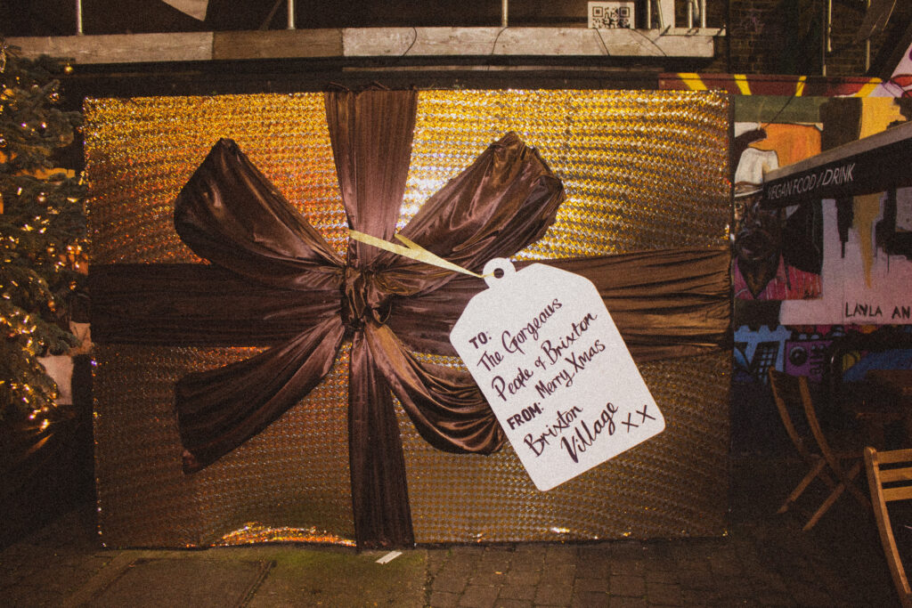 Giant Christmas present in Brixton Village.
