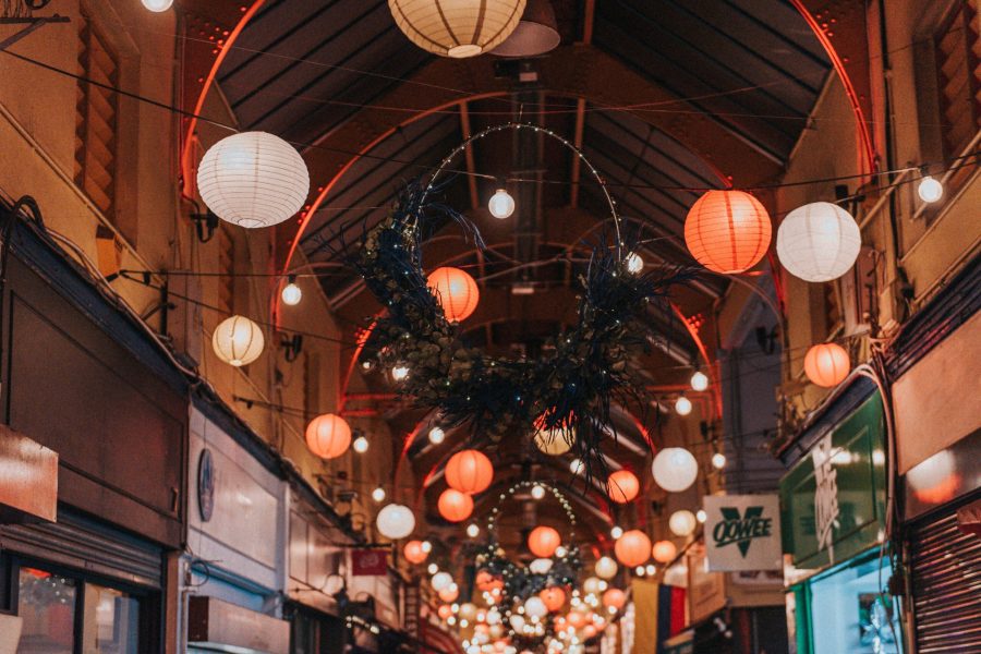 Festive lanterns and wreath in Brixton Village